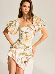 Floral Puff Sleeve Backless Dress