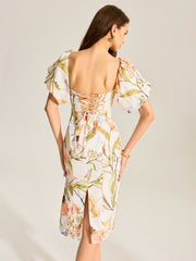 Floral Puff Sleeve Backless Dress