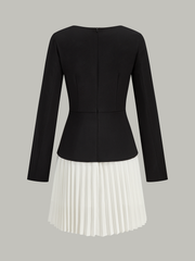 Long Sleeve Color-Block Pleated Dress
