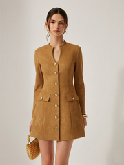 Metal Button Suede Effect Keyhole-Neck Mini Dress