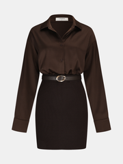 Ribbed Knit Panel Belted Shirt Dress