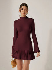Pleated Hem Mock Neck Mini Dress