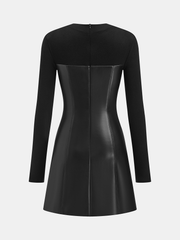 Faux Leather Panel Long Sleeve Rhinestone Trim Mini Dress