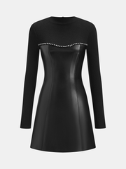 Faux Leather Panel Long Sleeve Rhinestone Trim Mini Dress