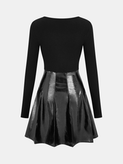 Pleated Faux Leather Panel Long-Sleeve Dress