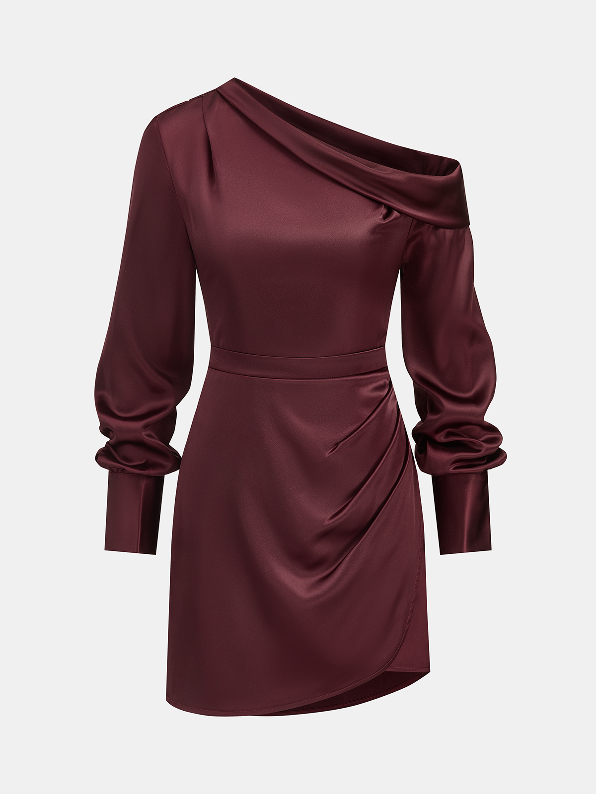 Satin Off-Shoulder Long Sleeve Ruched Dress