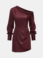 Satin Off-Shoulder Long Sleeve Ruched Dress