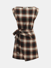Plaid Cotton Sleeveless Tie-Waist Wrap Dress