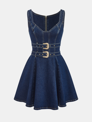 Denim Double-Buckle Mini Dress