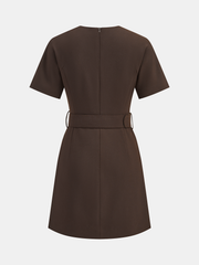 Metal Button V-Neck Belted Mini Dress