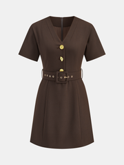 Metal Button V-Neck Belted Mini Dress