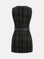 Belted Plaid Tweed Sleeveless Mini Dress