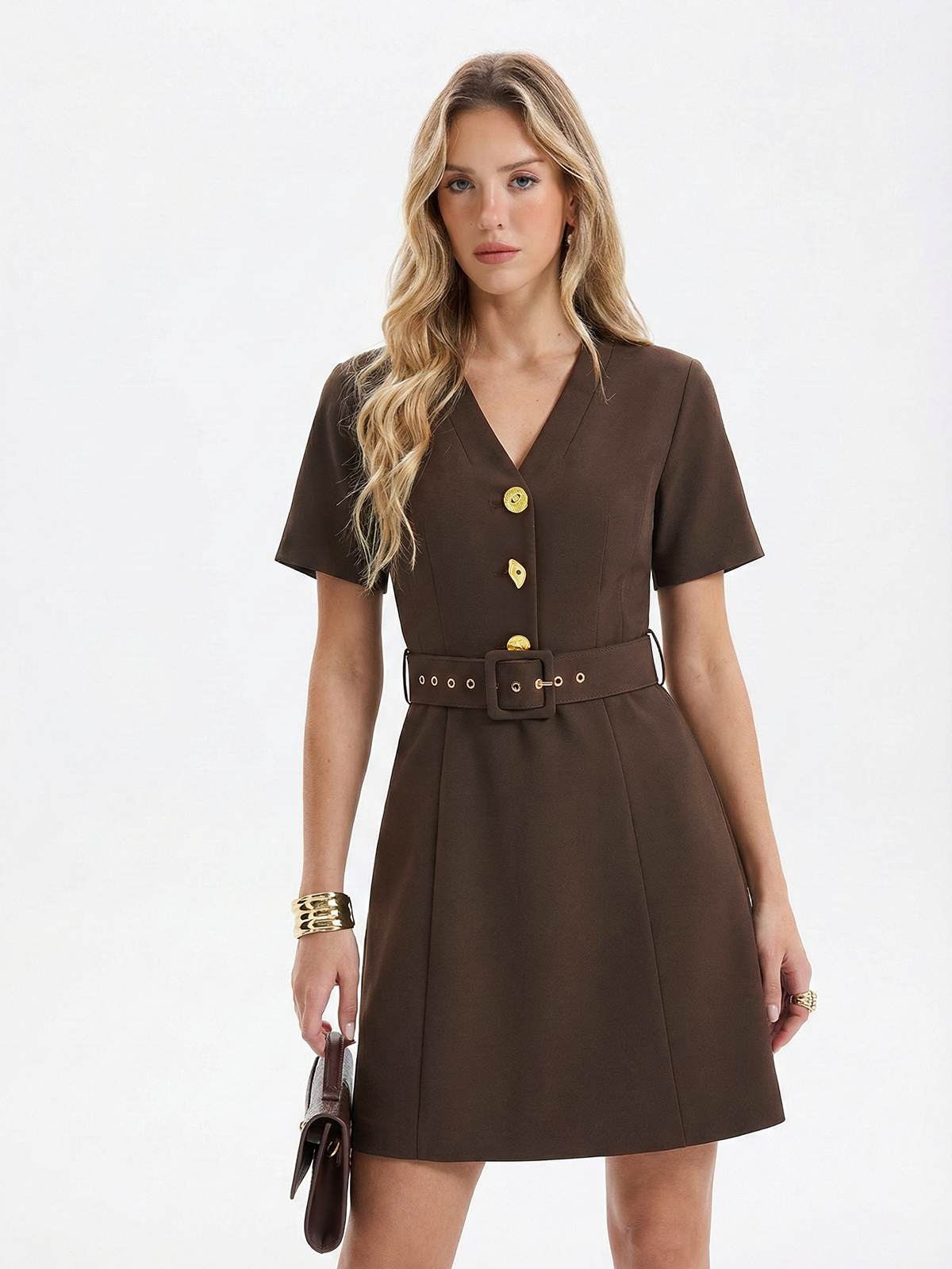 Metal Button V-Neck Belted Mini Dress