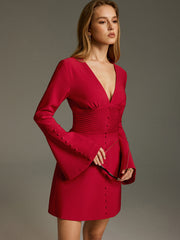 Deep V Ruched Bell-Sleeve Mini Dress