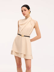 Layered Hem Lace Panel Satin Dress without Belt