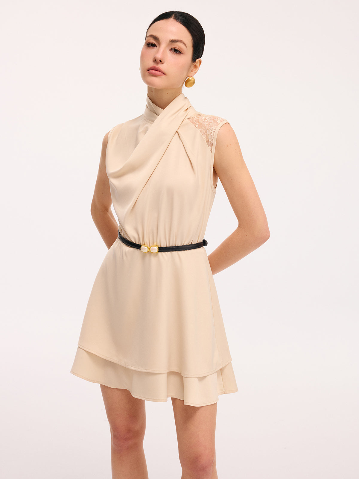Layered Hem Lace Panel Satin Dress without Belt