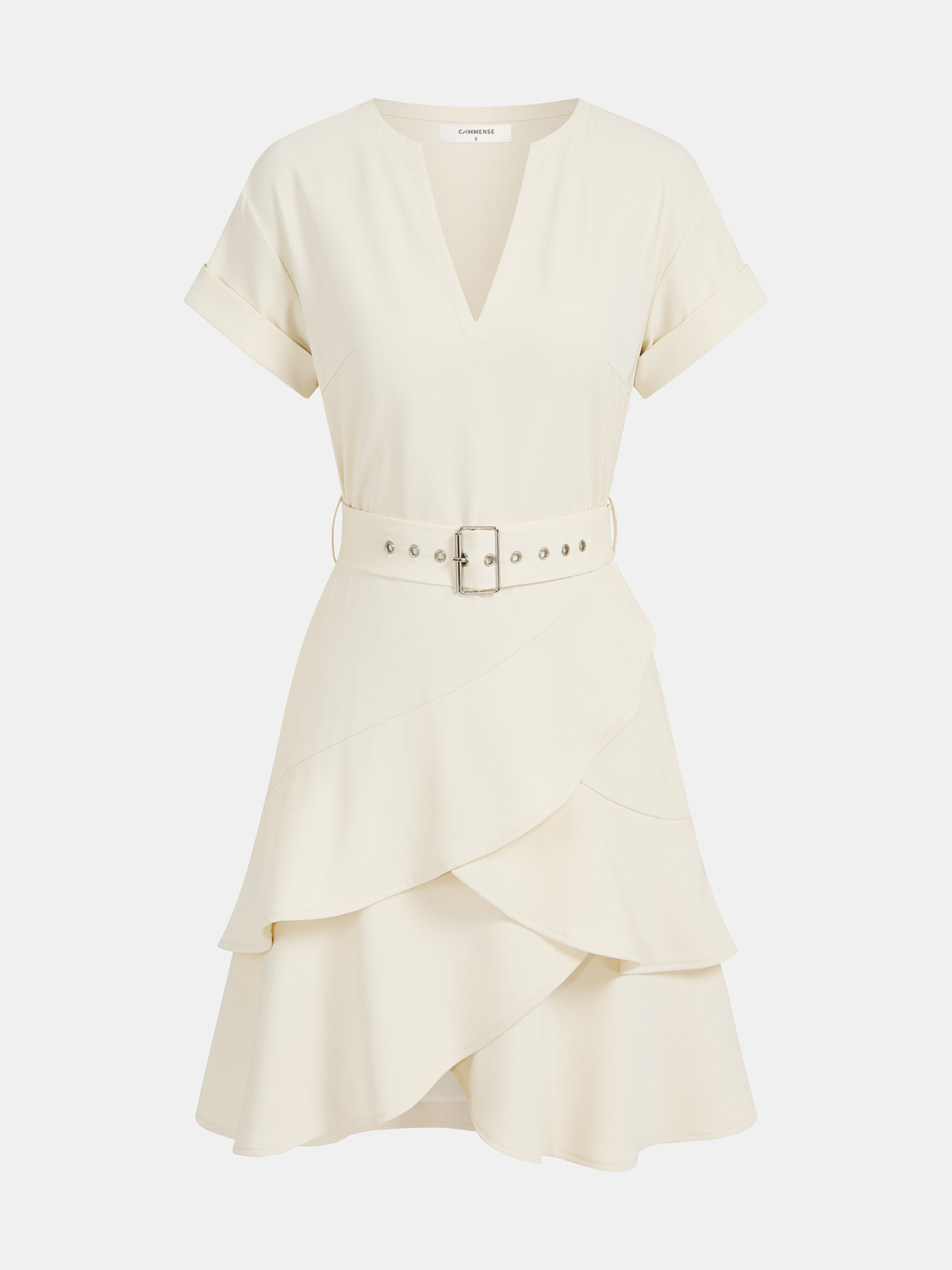 Belted V-Neck Short Sleeve Ruffle Dress