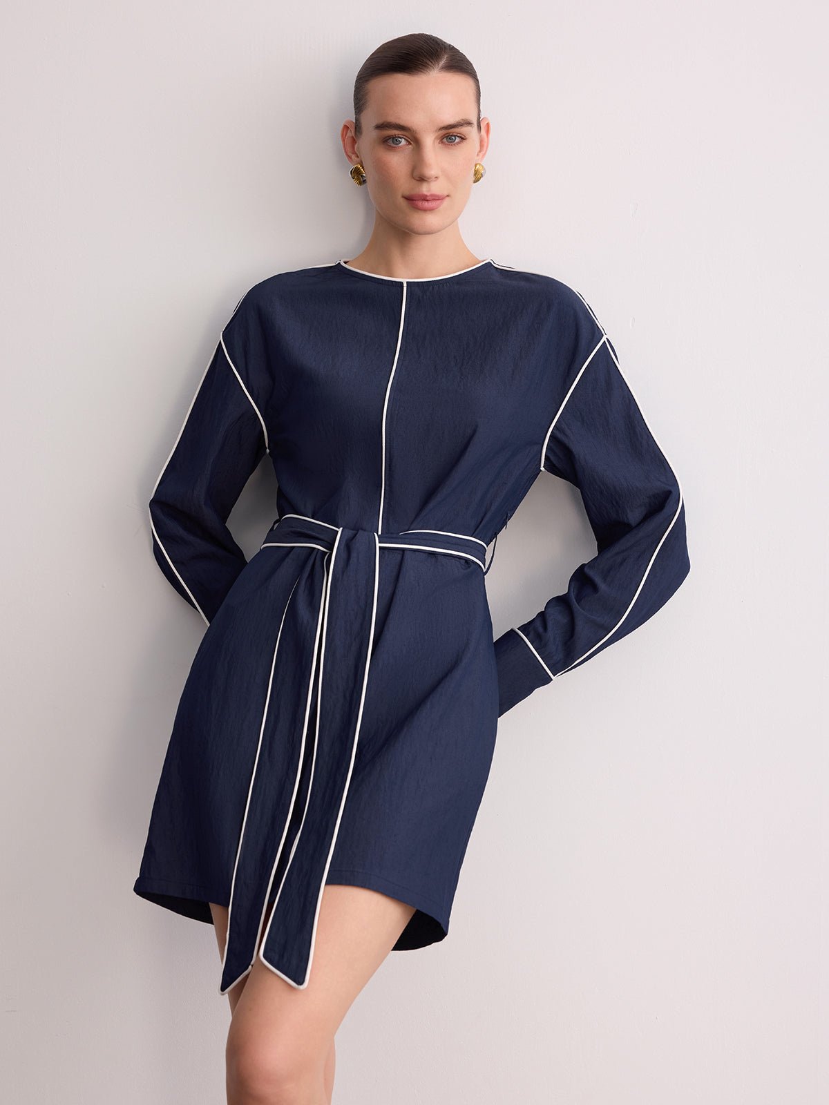 Belted Contrast Piping Long Sleeve Mini Dress
