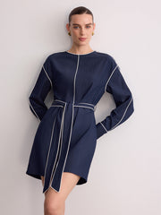 Belted Contrast Piping Long Sleeve Mini Dress