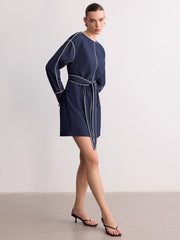 Belted Contrast Piping Long Sleeve Mini Dress