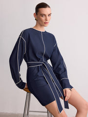 Belted Contrast Piping Long Sleeve Mini Dress