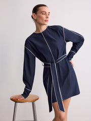 Belted Contrast Piping Long Sleeve Mini Dress