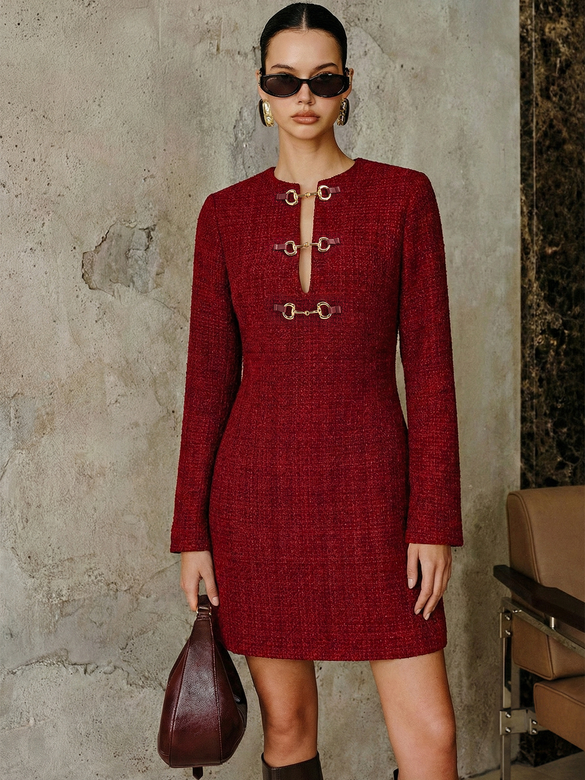 Metal Buckle Tweed Mini Dress