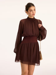 High Neck Waist-Cinching Chiffon Mini Dress