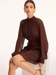 High Neck Waist-Cinching Chiffon Mini Dress