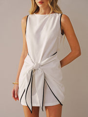 Sleeveless Cotton-Linen Knot-Waist Mini Dress