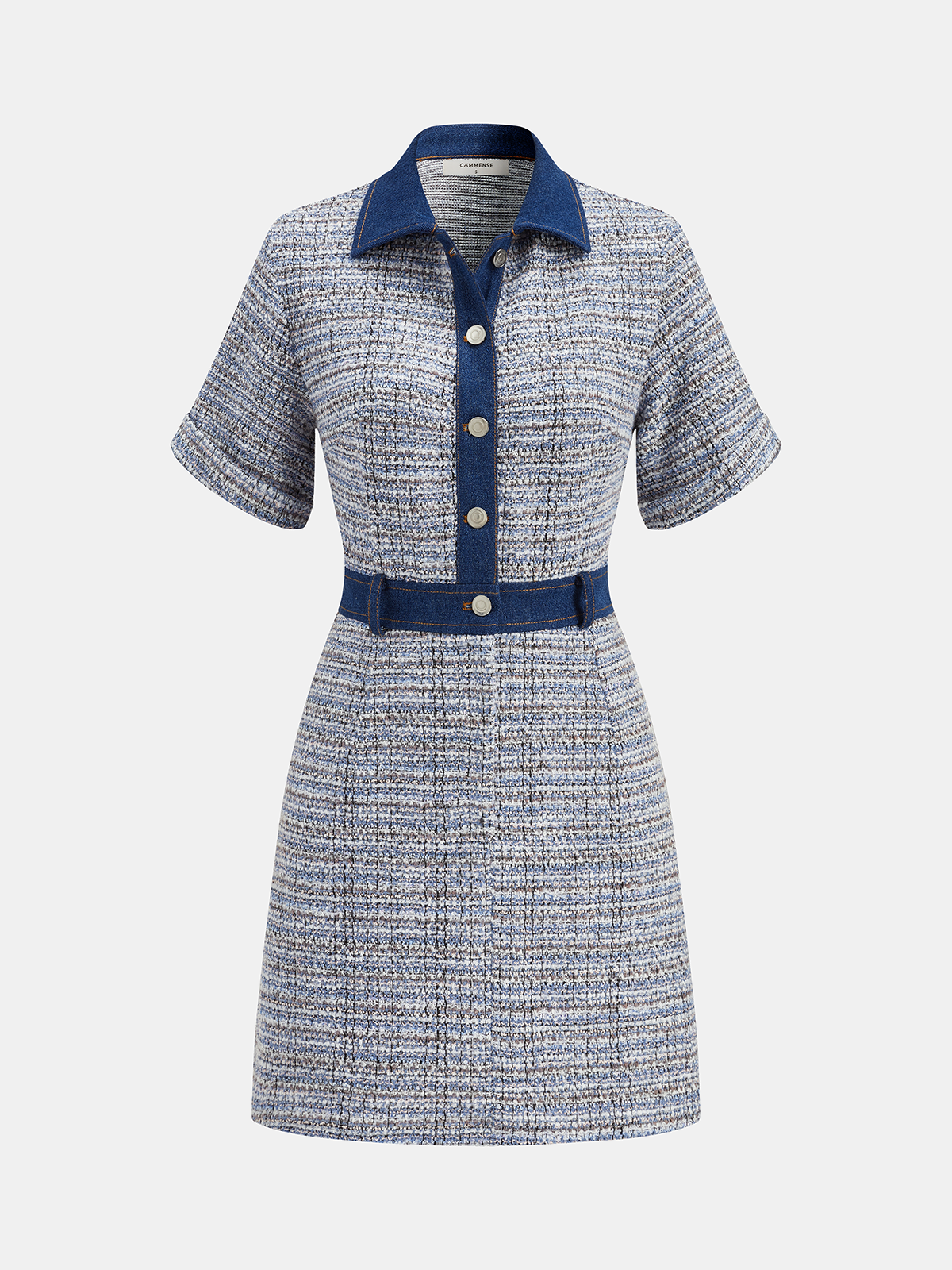 Denim Panel Tweed Mini Shirt Dress