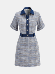 Denim Panel Tweed Mini Shirt Dress