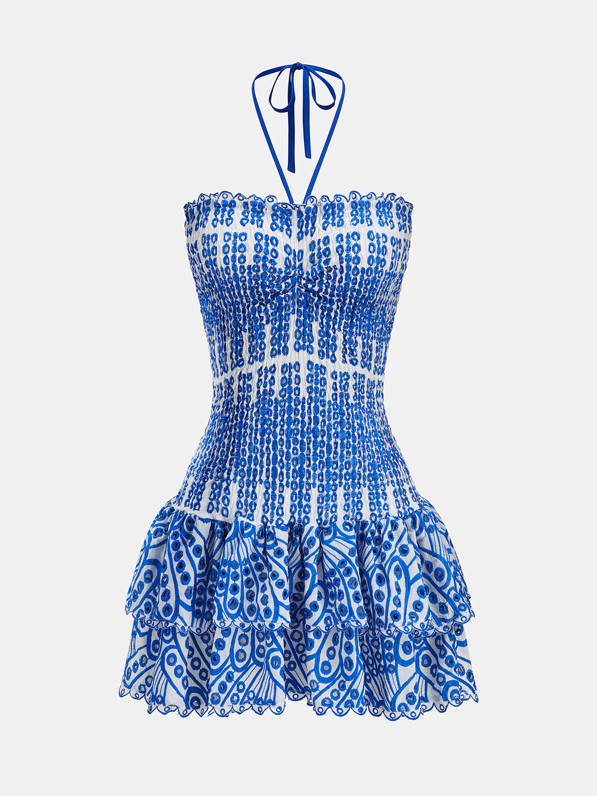 Halter Smocked Embroidered Layered Mini Dress