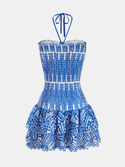 Halter Smocked Embroidered Layered Mini Dress