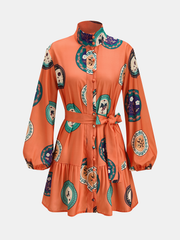 Printed Belted Cotton Linen Long Sleeve Mini Dress