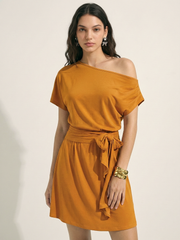 Off Shoulder Tie Waist Mini Dress