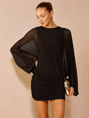 Mesh Long Sleeve Ruched Mini Dress