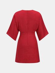 Linen Blend V Neck Embellished Mini Dress