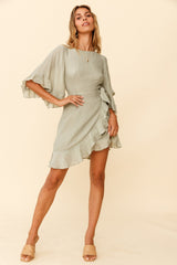 Make It Happen Flared Sleeve Ruffle Trim Dress Pistachio