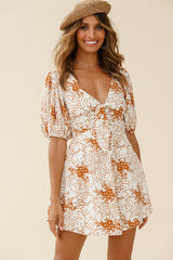 Portia Tied Bust Puff Sleeve Dress Flower Pattern Tan