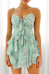 Flower Child Bust Tie Ruffle Trim Dress Leaf Print Mint