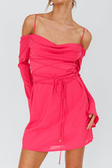 Teava Off-Shoulder Sleeve Laced Mini Dress Hot Pink