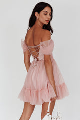 Pixi Off-Shoulder Lace-Up Back Back Dress Pink