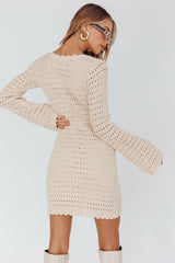 Wander Lust Long Sleeve Crochet Mini Dress Sand