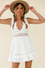 Indio Crochet Insert Deep V-Neckline Dress White
