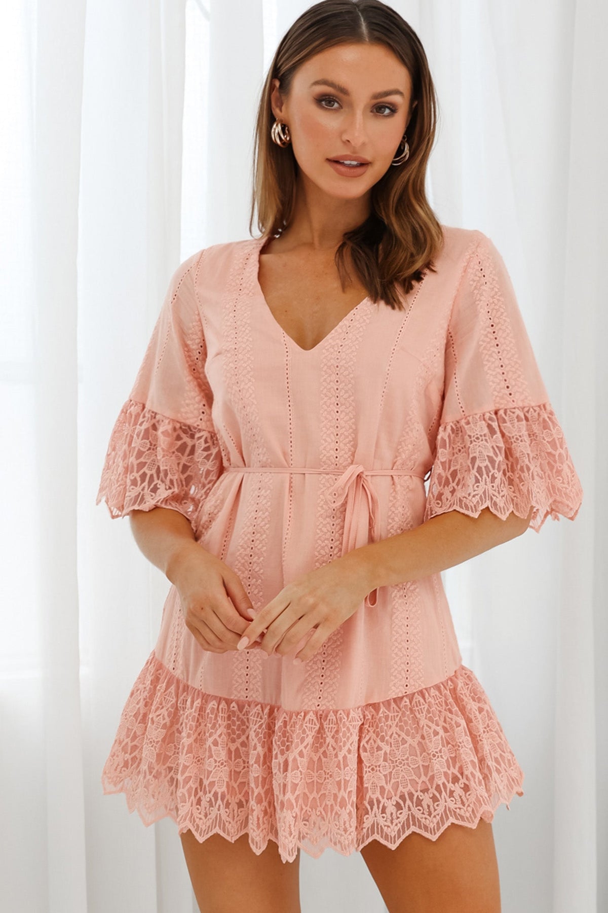 Karissa Lace Trim Waist Tie Tunic Dress Blush