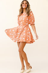 First Impressions Puff Sleeve Keyhole Back Dress Floral Print Orange/Pink