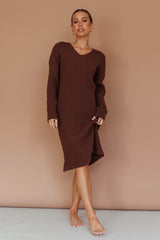 Autumn Hooded Sweater Midi Dress Chocolate