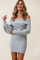 Runaway Off Shoulder Balloon Sleeve Knit Dress Grey