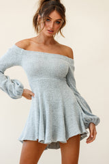Morais Puff Sleeve Off Shoulder Fit and Flare Sweater Dress Grey